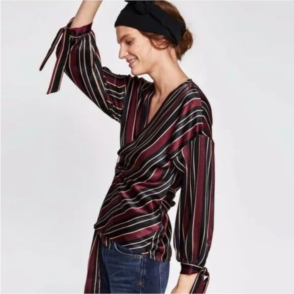 ZARA | Silky Satin Red Black Stripe Kimono Style Wrap